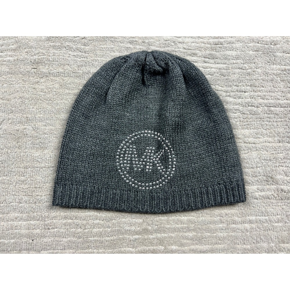 Michael Kors Beanie Womens OS Gray Rhinestone MK Logo Knit Hat Winter Accessory